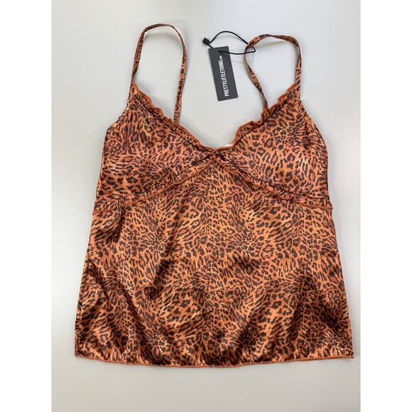 Pretty Little Thing Cheetah Ruffle Babydoll Top XS Brown Black Y2K Retro Satin - Picture 3 of 11